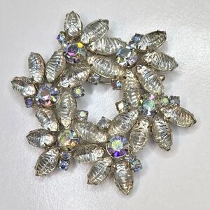 Large Brooch Wreath w/ AB Stones & Molded Glass Navettes 3" Square
